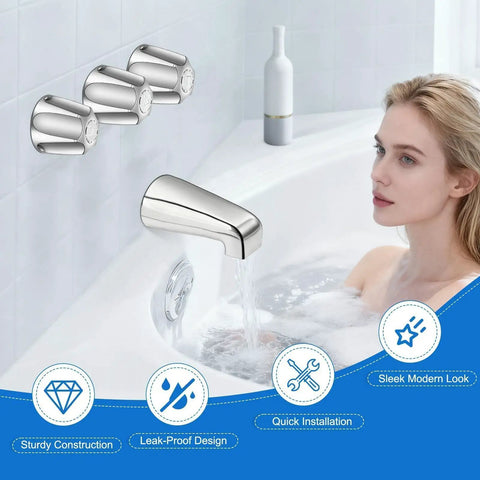 Three Piece Shower Knob Replacement Set With Bathtub Spout And Four In One Tub Adapter Kit installed on a white bathtub wall.