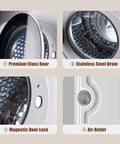 Straight Up Solid Portable Washer And Dryer Combo showing premium class door, stainless steel drum, magnetic lock, and air outlet.