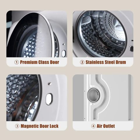 Straight Up Solid Portable Washer And Dryer Combo showing premium class door, stainless steel drum, magnetic lock, and air outlet.