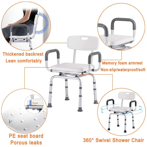 360 Degree Swivel Shower Chair For Tub And Shower, Height Adjustable Anti Slip Bath Stool Transfer Bench For Elderly And Disabled