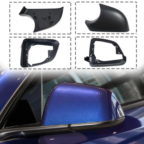 Premium Aftermarket Left And Right Side View Mirror Lower Cover Holder Plus Glass Frame Kit For Tesla Model Y 2020 Through 2023 Slick Black Pair showing mirror covers and frames.