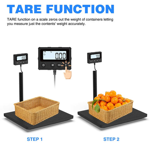 Maxus Shipping Scale 440Lb 10g Accuracy Digital Postal Scale demonstrating tare function with empty basket and filled with oranges.
