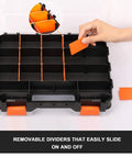 Double Sided Tools Organizer With Removable Dividers, 34 Compartment Hardware Box for screws, black and orange plastic case