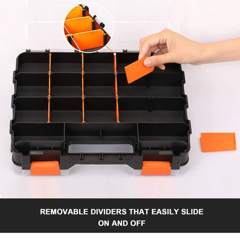 Double Sided Tools Organizer With Removable Dividers, 34 Compartment Hardware Box for screws, black and orange plastic case