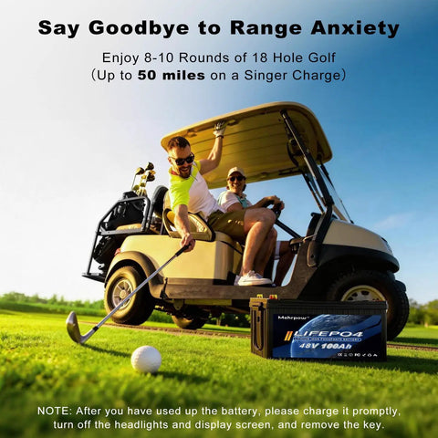 Golfers with Beefed Up 48V LiFePO4 Golf Cart Battery Kit With 200A BMS And 58 Volt 18A Charger beside golf cart, green field.