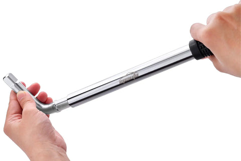 Hands holding Telescoping Lug Wrench With 1/2 Inch Drive And 17mm 19mm 21mm 22mm Sockets, Heavy Duty Cr-V Steel, fully extended