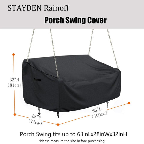 Rugged All Weather Porch Swing Cover Waterproof Outdoor Hanging Swing Protector For 63x28x(32-24)Inch Black Oxford Fabric