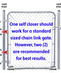 Diagram showing installation of durable chain link gate closer with spring loaded for 1.38 inch gate frame and 2.38 inch post.