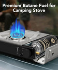 All In One Camping Stove And Fuel Kit With Four Butane Canisters showing blue flame and canister compartment