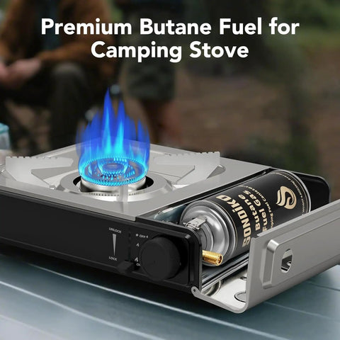 All In One Camping Stove And Fuel Kit With Four Butane Canisters showing blue flame and canister compartment