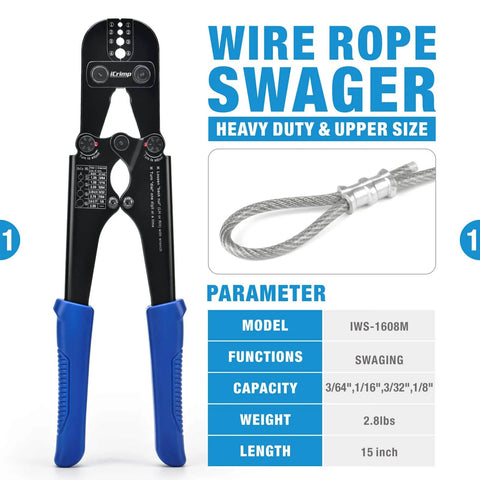 Wire Rope Crimping Tool For Aluminum Oval Sleeves And Ferrules, Heavy Duty Swaging Kit With Wire Rope Cutter details view.