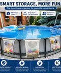 Above ground pool with All-In-One Poolside Gear Organizer Set With Three Mesh Storage Bags attached and filled with pool accessories.