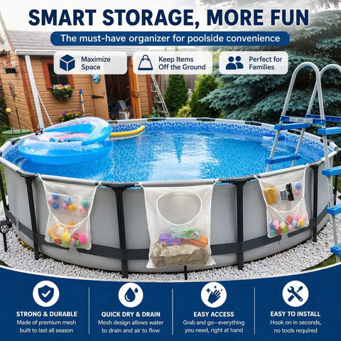 Above ground pool with All-In-One Poolside Gear Organizer Set With Three Mesh Storage Bags attached and filled with pool accessories.