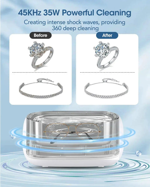 Ultrasonic Cleaning Machine 650mL Ring Cleaner showing before and after results on jewelry with 360-degree cleaning waves.