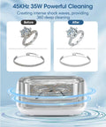 650mL Ultrasonic Jewelry Cleaner Machine With 35 Watt Power And 45Khz Frequency cleaning rings and glasses with bubbles.