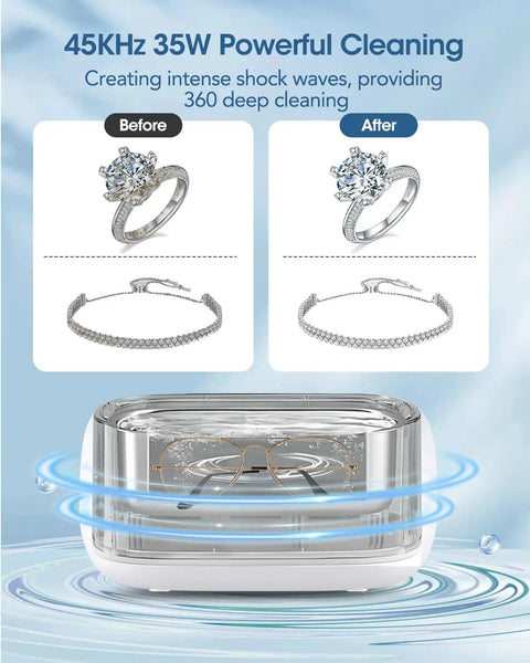 650mL Ultrasonic Jewelry Cleaner Machine With 35 Watt Power And 45Khz Frequency cleaning rings and glasses with bubbles.
