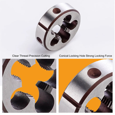 Close-up of M8 X 1.25mm Tap And Die Set Built Tough In High Speed Steel HSS6542 With Right Hand Thread showing precision cutting and locking.