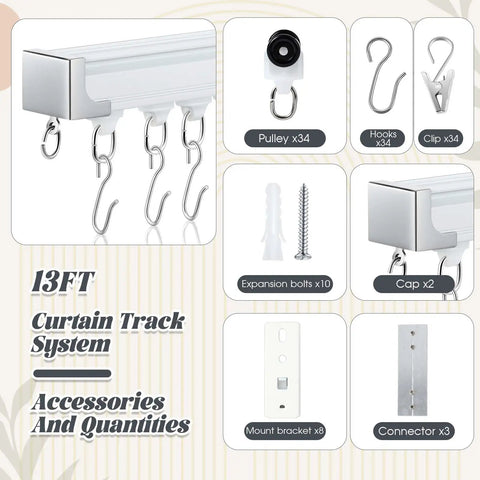 Ceiling Curtain Track Set White Heavy Duty Ceiling Mount Adjustable Length 9.8ft To 13.2ft With Clips Hooks End Caps Pulleys Hardware Included For Room Divider, 13ft accessories