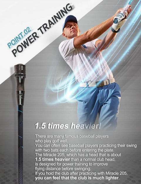 Golfer practicing with Backswing Tempo Golf Trainer, highlighting power training, 1.5x heavier head for increased swing strength