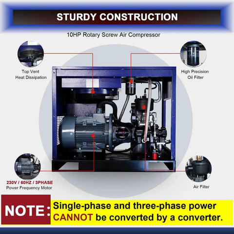 Heavy Duty 10HP Industrial Rotary Screw Air Compressor, 34CFM At 125 PSI, Low Noise 62 DBCabinet For Workshop Manufacturing, Continuous Duty 230V 3Phase Power