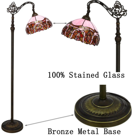 Tiffany Style Floor Lamp With Stained Glass Shade Adjustable Arched Gooseneck 66 Inch Tall Bronze Base Antique Reading Light