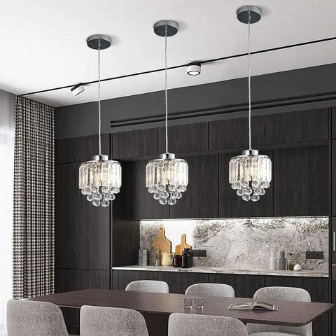 Crystal Glass Pendant Light With Beads, Modern Clear Pendant Fixture for Kitchen Island, 3 Pack Chandelier Ceiling Lighting