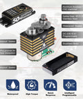 Diagram showcasing 50Kg High Torque IP67 Waterproof RC Steering Servo with stainless steel gears and aluminum case components.