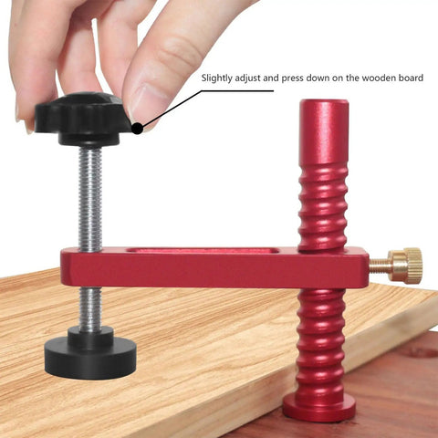 Fast Release Aluminum Dog Clamps for Workbench Pro Grade Hold Down Accessories in use on wooden board