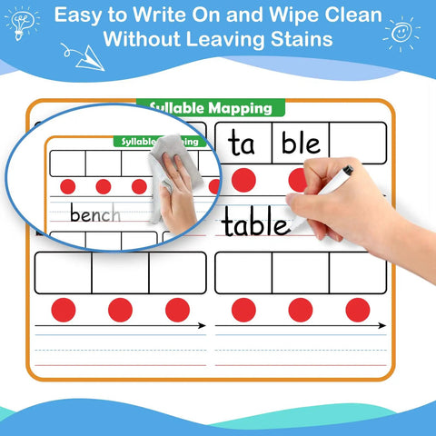 12 Pack Elkonin Boxes Phonemic Awareness Boards for Speech Therapy and Phonics Games, 9 by 12 Inch Dry Erase Whiteboards With Syllable Mapping displayed in use