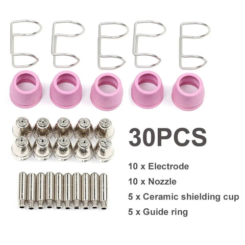 Get Prime Cuts With These 30Pcs Plasma Cutter Consumables Set Featuring Durable Ag-60 Torch Head Tips And Electrodes For 0 To 60A Machines. 30-piece kit includes electrodes, nozzles, ceramic cups.