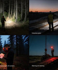 Collage of people using Beast Mode 1200 Lumen Headlamp With White And Red Light, Magnetic Tailcap in various outdoor settings.