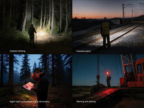 Collage of people using Beast Mode 1200 Lumen Headlamp With White And Red Light, Magnetic Tailcap in various outdoor settings.