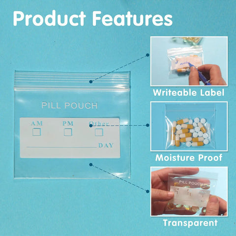 125 Packs 6 Mil Pill Bags BPA Free Waterproof Zip Lock Pouches 3 x 2.75 Inch Write On Label Seal, showing pill organization features.
