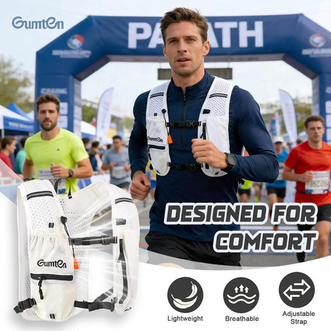 Hydration Running Vest For Men And Women With Adjustable Chest Straps, Lightweight Nylon Pack, in action during marathon run.