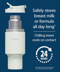 Vacuum Insulated Stainless Steel Baby Formula And Breast Milk Chiller Tumbler With Cooling Insert Keeps Milk Ice Cold On The Go For Parents Riding The Daily Grind Or Hitting The Road In Arctic White, showcasing chilling insert feature.