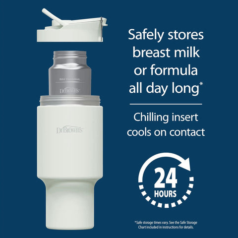 Vacuum Insulated Stainless Steel Baby Formula And Breast Milk Chiller Tumbler With Cooling Insert Keeps Milk Ice Cold On The Go For Parents Riding The Daily Grind Or Hitting The Road In Arctic White, showcasing chilling insert feature.