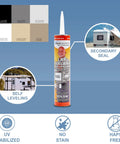 Premium Self Leveling Lap Sealant For Rv Roofs In White displayed with color options and application uses for RV cleaning.