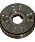 Front view of circular tractor brake assembly with a splined center bore and rivet-dotted friction surface