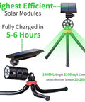 Motion Sensor Camping Lights With Sturdy Aluminum Case Outdoor Waterproof Security Spotlight showing solar panels and tripod design