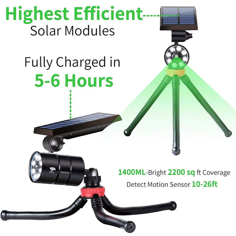 Motion Sensor Camping Lights With Sturdy Aluminum Case Outdoor Waterproof Security Spotlight showing solar panels and tripod design