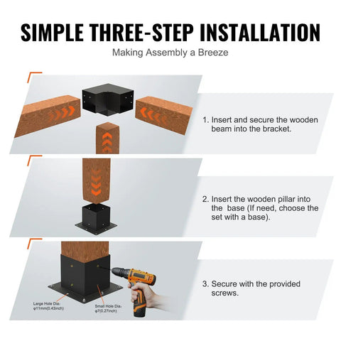 Step-by-step installation of Beefy Heavy Duty 4 Piece 3 Way Corner Bracket Kit For 6x6 Posts Carbon Steel With Black Powder Coat