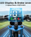 S1 Kids Electric Balance Bike LED display showing speed and brake lever, 3-speed gears, 200W motor, UL2272 certified
