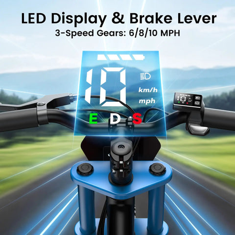 S1 Kids Electric Balance Bike LED display showing speed and brake lever, 3-speed gears, 200W motor, UL2272 certified