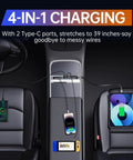 Tesla USB Hub showcasing 4-in-1 charging with retractable cables in Model Y Juniper 2025 and Model 3 Highland 2024 console