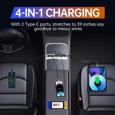 Tesla USB Hub showcasing 4-in-1 charging with retractable cables in Model Y Juniper 2025 and Model 3 Highland 2024 console