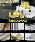 Front view of a 10-piece diamond core drill bit set with yellow bits and a metal case, for tile and stone.
