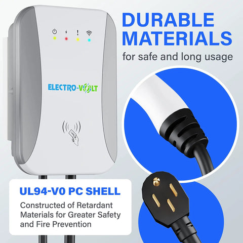 Heavy Duty Level 2 EV Charger With Smart App Control Adjustable 40 Amp 240 Volt 10KW IP65 Waterproof Indoor Outdoor 18 Ft Cable showing front view and plug details.