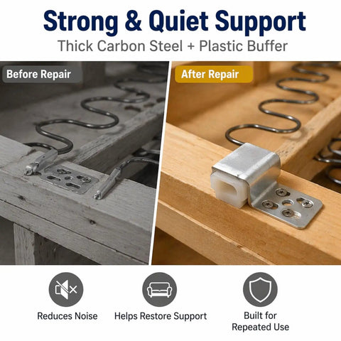 Rock Solid Upholstery Spring Clips Repair Kit For Saggy Couches And Sofas Includes Complete Set Of Carbon Steel Screws With Socket Driver Fast Hassle Free Furniture Revamp before and after repair comparison.