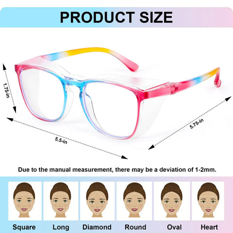 4 Pack Anti Fog Safety Glasses For Women Nurses in rainbow frames, scratch resistant eyewear with clear lenses, size dimensions shown