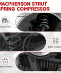 MacPherson Strut Spring Compressor Tool Kit in use for coil spring compression, highlighting durability and multifunctionality.